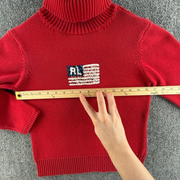Polo Jeans Ralph Lauren Sequin Flag Sweater Knit Medium Red Turtleneck Pullover - Picture 7 of 15